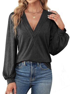Gray Long Sleeve V-Neck Tee